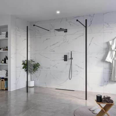 FugaFlow Eccelente Vetro Vrijstaande inloopdouche badkamer - 180x200cm - Helder - antikalk - 8mm veiligheidsglas - 2 zijwanden 40cm - met wandarmen en hoekprofielen - Zwart mat -