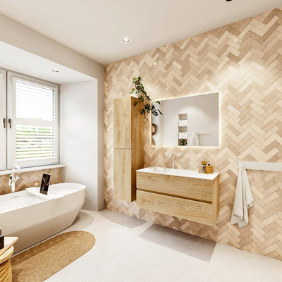 MONDIAZ VICA 100cm badmeubel onderkast Washed Oak 2 lades. Wastafel CLOUD links 1 kraangat, kleur Talc.