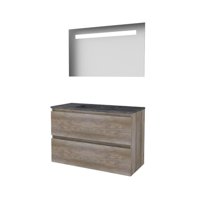 Basic-Line Economic 46 badkamermeubelset - 100x46cm - greeploos - 2 lades - hardsteen wastafel - 1 kraangat - Spiegel - geintegreerde LED verlichting - MFC Scotch Oak