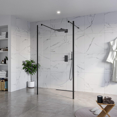 FugaFlow Eccelente Vetro Vrijstaande inloopdouche badkamer - 110x200cm - Helder - antikalk - 8mm veiligheidsglas - 2 zijwanden 40cm - met wandarmen en hoekprofielen - Zwart mat -