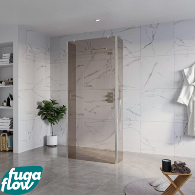 FugaFlow Eccelente Vetro Vrijstaande inloopdouche badkamer - 90x200cm - Rookglas - antikalk - 8mm veiligheidsglas - 2 zijwanden 30cm - met wandarmen en hoekprofielen - RVS geborsteld -