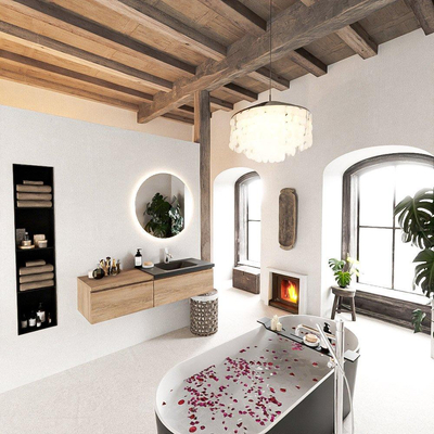 MONDIAZ BUKLA 140cm badmeubel met module 60 kleur Washed Oak met 2 lades. Wastafel CLOUD rechts 1 kraangat kleur Urban.