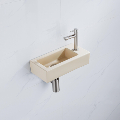 QeramiQ Fuente Fonteinset - 37.5x18.5x9cm - keramiek - kraangat rechts - fonteinkraan geborsteld RVS - afvoerplug - verlaagd sifon - Mat Beige