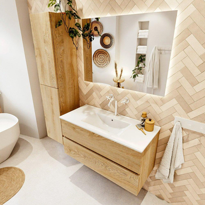 MONDIAZ VICA 100cm badmeubel onderkast Washed Oak 2 lades. Wastafel DENIA midden 1 kraangat, kleur Glanzend Wit.