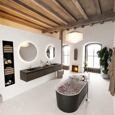 MONDIAZ BUKLA 220cm badmeubel met module 60 kleur Dark Brown met 3 lades. Wastafel CLOUD dubbel 2 kraangaten kleur Urban.