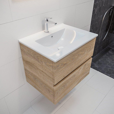 MONDIAZ VICA Badkamermeubelset - 60cm - 2 lades - wasbak Denia midden - 1 kraangat - solid surface washed oak