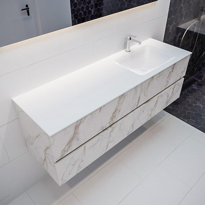 MONDIAZ VICA Badkamermeubelset - 150cm - 4 lades - wasbak Cloud rechts - 1 kraangat - solid surface carrara marmer