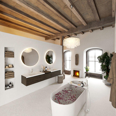 MONDIAZ BUKLA 200cm badmeubel met module 40 kleur Dark Brown met 3 lades. Wastafel CLOUD dubbel 2 kraangaten kleur Talc.