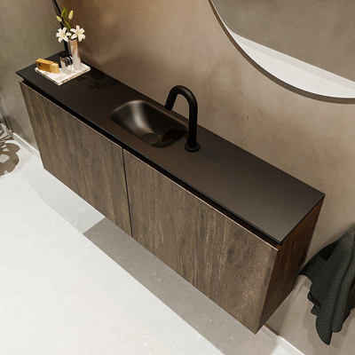 MONDIAZ TURE Fonteinset - 120x23x50cm - 1 kraangat - 2 deuren - dark brown mat - Wasbak midden - Solid Surface Zwart