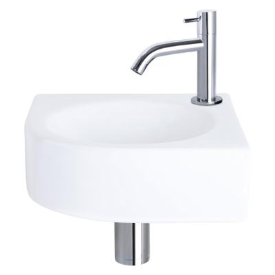 Differnz Cleo fonteinset - 30x30x10cm - Kwartrond - 1 kraangat - Gebogen chromen kraan - Keramiek Wit - scheurtje in fonteinbakje-OUTLET UDEN