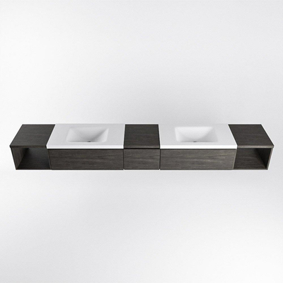 MONDIAZ BUKLA 280cm badmeubel met open module 40 L+R kleur Dark Brown met 3 lades. Wastafel CLOUD dubbel 2 kraangaten kleur Talc.