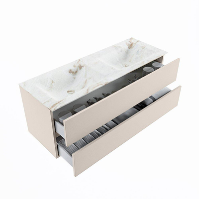 MONDIAZ VICA-DLUX Badkamermeubelset - 130cm - onderkast linen- 2 lades - inbouw wastafel cloud dubbel - zonder kraangaten - 60cm hoge versie - frape