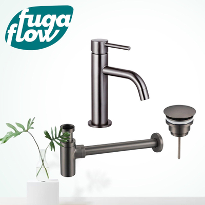 FugaFlow Eccelente Sobrado Badkamer Slim Wastafelkraanset - lage wastafelkraan - always open plug - design sifon - PVD Gepolijst Gunmetal