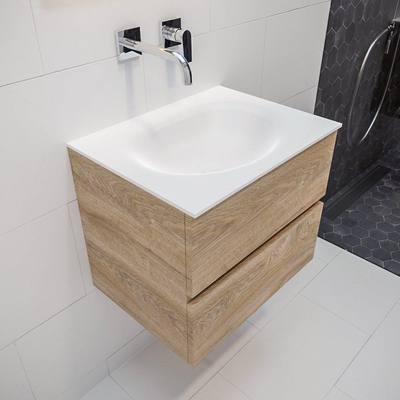 MONDIAZ VICA Badkamermeubelset - 60cm - 2 lades - wasbak Moon midden - 0 kraangaten - solid surface washed oak