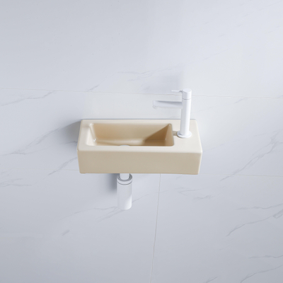 QeramiQ Fuente Fonteinset - 37.5x18.5x9cm - keramiek - kraangat rechts - fonteinkraan mat wit - afvoerplug - verlaagd sifon - Mat Beige