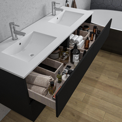 Adema Chaci Badkameronderkast - 140cm - 4 lades - greeploos - wit keramieke wastafel - overloop - 2 wasbakken - 2 kraangaten - mat zwart