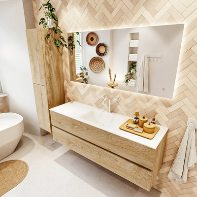 MONDIAZ VICA 150cm badmeubel onderkast Washed Oak 2 lades. Wastafel CLOUD midden 1 kraangat, kleur Talc.