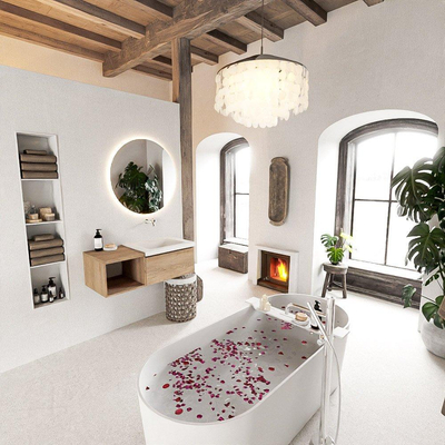 MONDIAZ BUKLA 100cm badmeubel met open module 40 kleur Washed Oak met 1 lade. Wastafel CLOUD rechts 0 kraangaten kleur Talc.