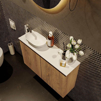 Mondiaz Fowy Toiletmeubel - 80x50x23cm - washed oak mat - 1 kraangat - wasbak links - 2 deuren - solid surface - blad Melamine - wasbak: wit