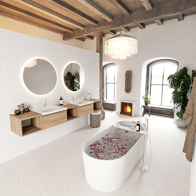 MONDIAZ BUKLA 240cm badmeubel met open module 40 L+M+R kleur Washed Oak met 2 lades. Wastafel CLOUD dubbel 2 kraangaten kleur Talc.