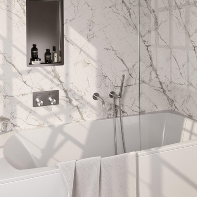 BRAUER Brushed Edition thermostatische inbouw badkraan - drukknoppen SET 03 - uitloop - staaf handdouche - doucheslang - wandaansluitbocht - RVS geborsteld PVD