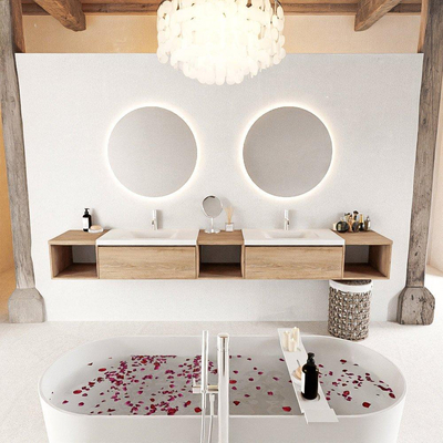 MONDIAZ BUKLA 280cm badmeubel met open module 40 L+M+R kleur Washed Oak met 2 lades. Wastafel CLOUD dubbel 2 kraangaten kleur Talc.