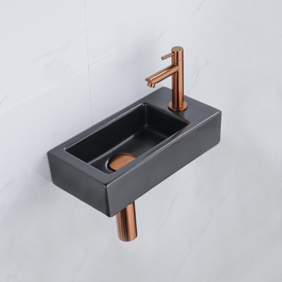 QeramiQ Fuente Fonteinset - 37.5x18.5x9cm - keramiek - kraangat rechts - fonteinkraan geborsteld koper - afvoerplug - verlaagd sifon - Mat Zwart