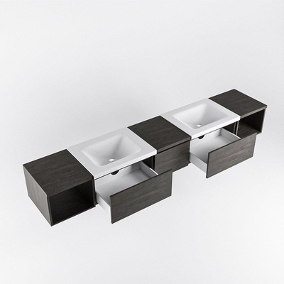 MONDIAZ BUKLA 240cm badmeubel met open module 40 L+R kleur Dark Brown met 3 lades. Wastafel CLOUD dubbel 2 kraangaten kleur Talc.