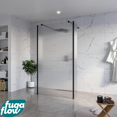 FugaFlow Eccelente Vetro Vrijstaande inloopdouche badkamer - 110x200cm - Helder geribbeld - antikalk - 8mm veiligheidsglas - 2 zijwanden 40cm - met wandarmen en hoekprofielen - Zwart mat -