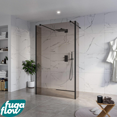 FugaFlow Eccelente Vetro Vrijstaande inloopdouche badkamer - 120x200cm - Rookglas - antikalk - 8mm veiligheidsglas - 2 zijwanden 40cm - met wandarmen en hoekprofielen - Zwart mat -