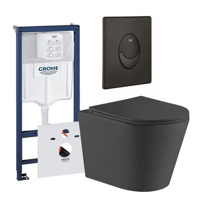 QeramiQ Dely Toiletset - Grohe inbouwreservoir - mat zwarte bedieningsplaat - ovaal toilet - zitting - mat zwart