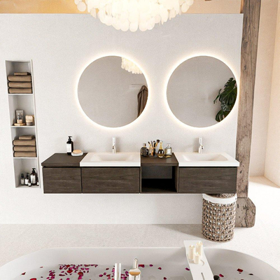 MONDIAZ BUKLA 200cm badmeubel met open module 40 rechts kleur Dark Brown met 3 lades. Wastafel CLOUD dubbel 2 kraangaten kleur Talc.