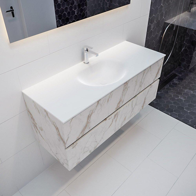 MONDIAZ VICA Badkamermeubelset - 120cm - 2 lades - wasbak Moon midden - 1 kraangat - solid surface carrara marmer