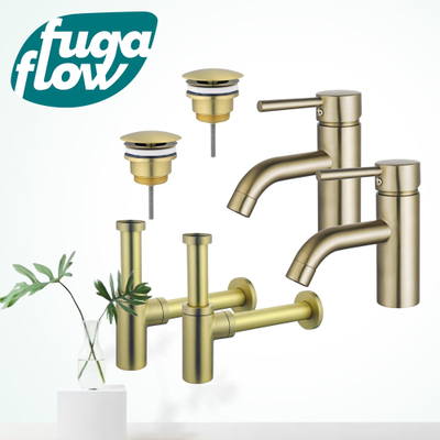 FugaFlow Eccelente Sobrado Badkamer Wastafelkraanset - voor dubbele wastafel - lage wastafelkraan - always open plug - design sifon - PVD Geborsteld Messing