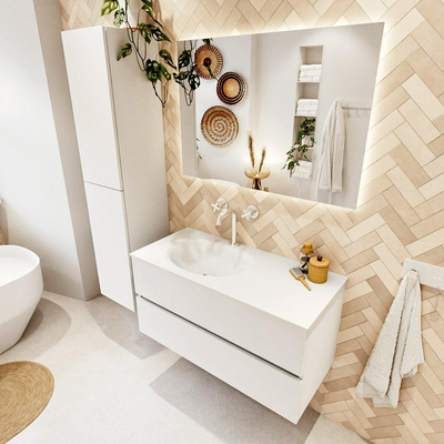 MONDIAZ VICA 100cm badmeubel onderkast Talc 2 lades. Wastafel MOON links 1 kraangat, kleur Talc.