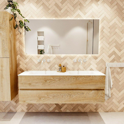 MONDIAZ VICA 150cm badmeubel onderkast Washed Oak 2 lades. Wastafel CLOUD dubbel zonder kraangat, kleur Talc.