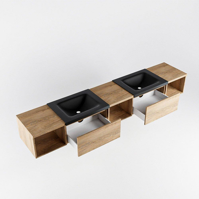 MONDIAZ BUKLA 240cm badmeubel met open module 40 L+M+R kleur Washed Oak met 2 lades. Wastafel CLOUD dubbel 2 kraangaten kleur Urban.