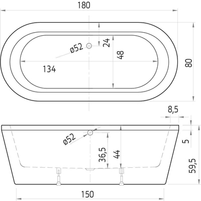 Xenz Luca vrijstaand bad - 180x80cm - met overloop - met afvoer - zonder badvulcombinatie - Acryl Wit OUTLETSTORE