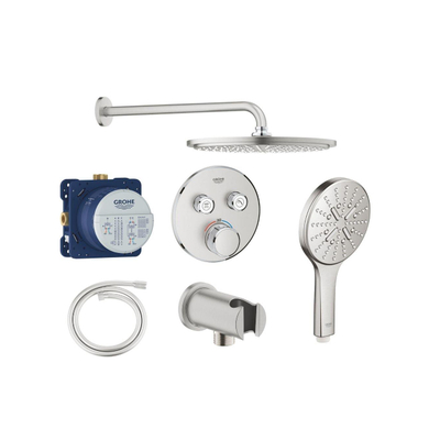 Grohe Grohtherm regendoucheset inbouw - hoofddouche rond - handdouche rond - gebogen wandarm - supersteel