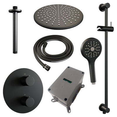 BRAUER Black Carving thermostatische Inbouw Regendouche - 3-weg - rond - set 96 - 30cm hoofddouche - plafondarm - 3-standen handdouche - doucheslang - geïntegreerde glijstang - mat zwart