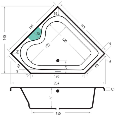 Xenz Cyprus hoekbad - 145x145cm - met overloop - zonder afvoer - Hoekopstelling links of rechts - Acryl Ebony mat