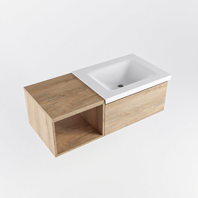 MONDIAZ BUKLA 100cm badmeubel met open module 40 kleur Washed Oak met 1 lade. Wastafel CLOUD rechts 0 kraangaten kleur Talc.
