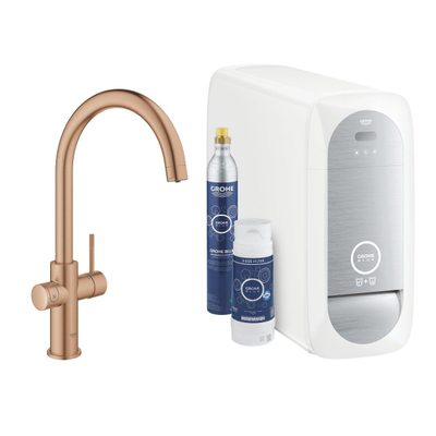 GROHE Blue Home 1-gats keukenkraan met duo C-uitloop starterkit met WiFi bluetooth Chilled & Sparkling 3x gekoeld + 3x bruisend water brushed warm sunset