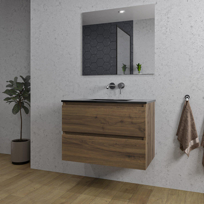 Adema Chaci Badkamermeubelset - 80x46x55cm - 1 keramische wasbak zwart - zonder kraangat - 2 lades - rechthoekige spiegel - noten (hout)