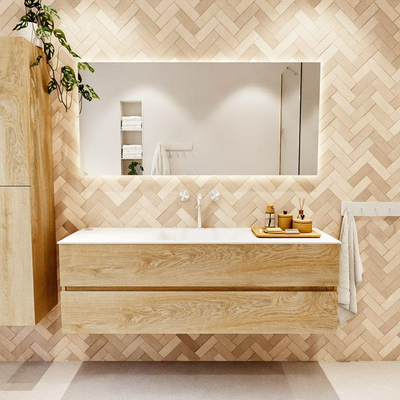 MONDIAZ VICA 150cm badmeubel onderkast Washed Oak 2 lades. Wastafel CLOUD midden 1 kraangat, kleur Talc.