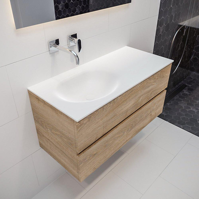 MONDIAZ VICA Badkamermeubelset - 100cm - 2 lades - wasbak Moon links - 0 kraangaten - solid surface washed oak