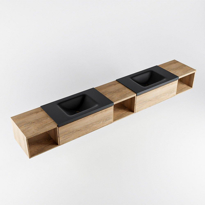 MONDIAZ BUKLA 280cm badmeubel met open module 40 L+M+R kleur Washed Oak met 2 lades. Wastafel CLOUD dubbel 2 kraangaten kleur Urban.