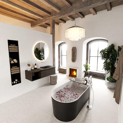 MONDIAZ BUKLA 120cm badmeubel met open module 40 kleur Dark Brown met 1 lade. Wastafel CLOUD rechts 0 kraangaten kleur Urban.