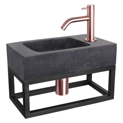 Differnz Bombai fonteinset - 40x22x9cm - Rechthoek - 1 kraangat - Gebogen rose koper kraan - met zwart frame - Natuursteen Zwart