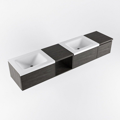 MONDIAZ BUKLA 200cm badmeubel met open module 40 links kleur Dark Brown met 3 lades. Wastafel CLOUD dubbel 0 kraangaten kleur Talc.